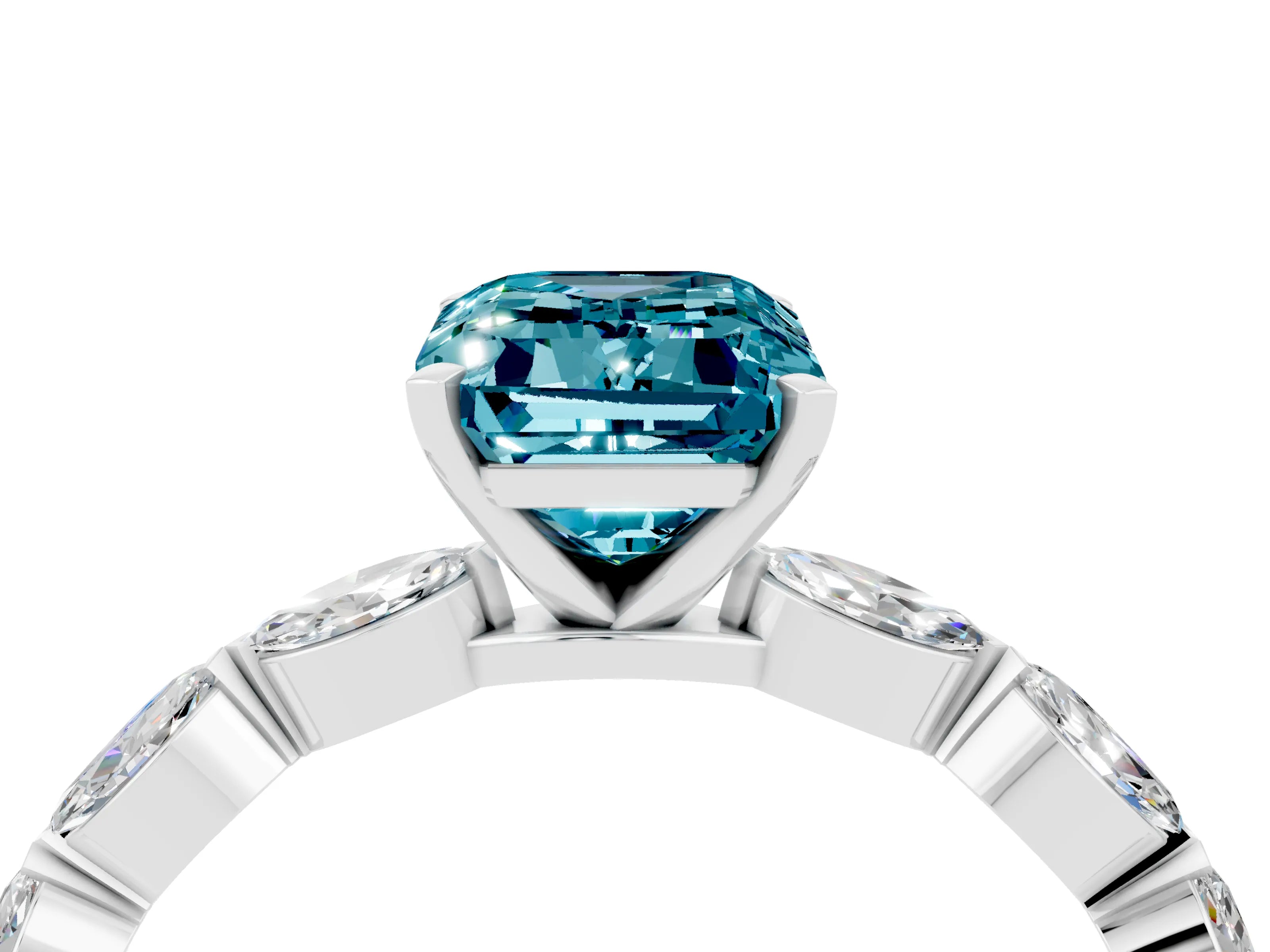 White gold Emerald Cut Blue Topaz Ring with Marquise Side Stones and Prong Setting_4
