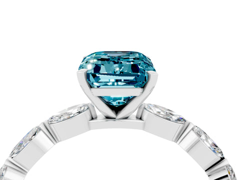 White gold Emerald Cut Blue Topaz Ring with Marquise Side Stones and Prong Setting_4
