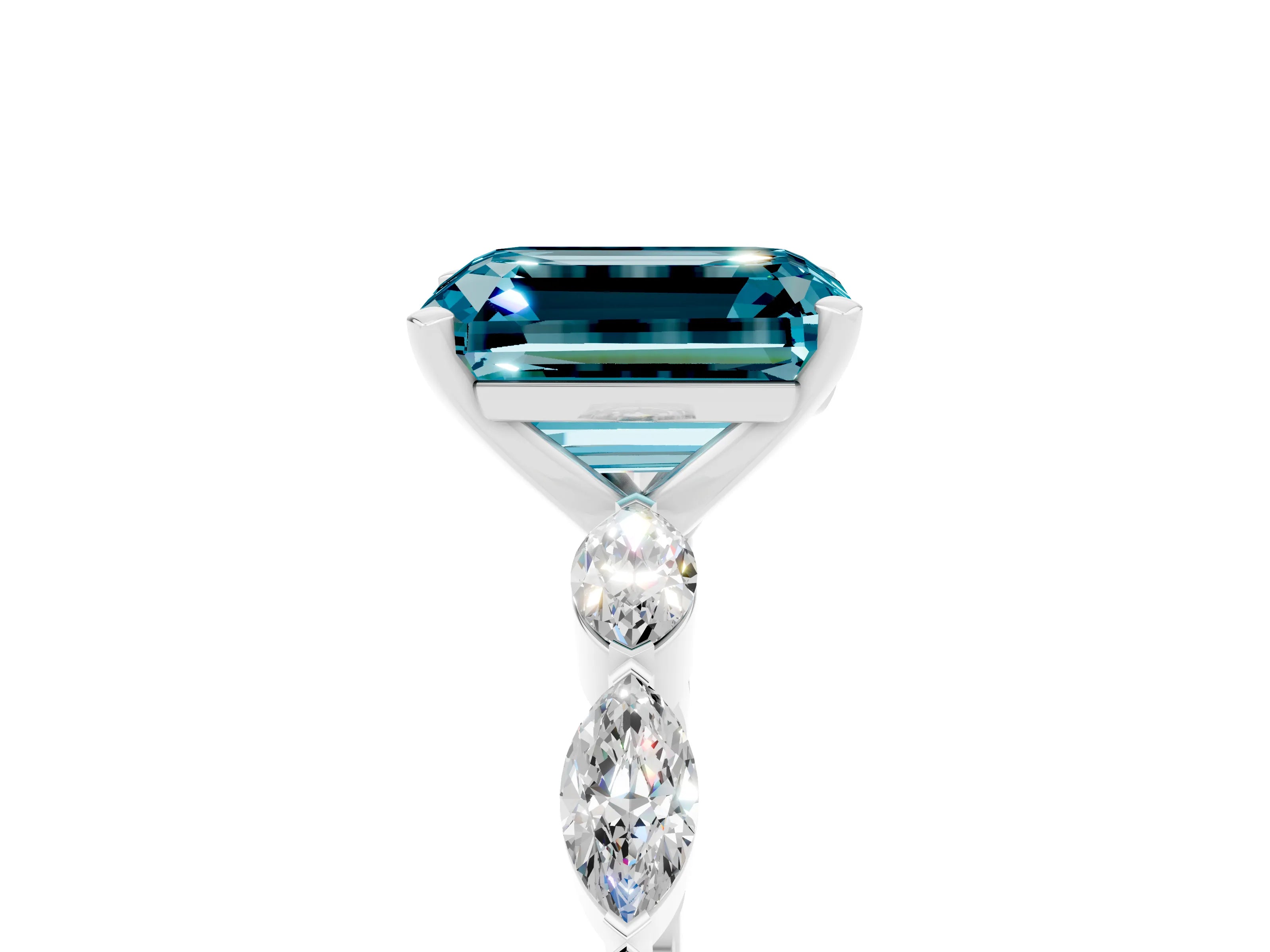 White gold Emerald Cut Blue Topaz Ring with Marquise Side Stones and Prong Setting_5