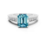 White gold Emerald Cut Blue Topaz Ring with Milgrain Pavé Band and Four-Prong Setting_12