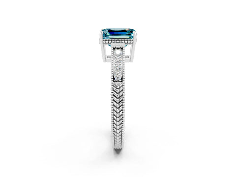 White gold Emerald Cut Blue Topaz Ring with Milgrain Pavé Band and Four-Prong Setting_14