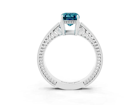 White gold Emerald Cut Blue Topaz Ring with Milgrain Pavé Band and Four-Prong Setting_15