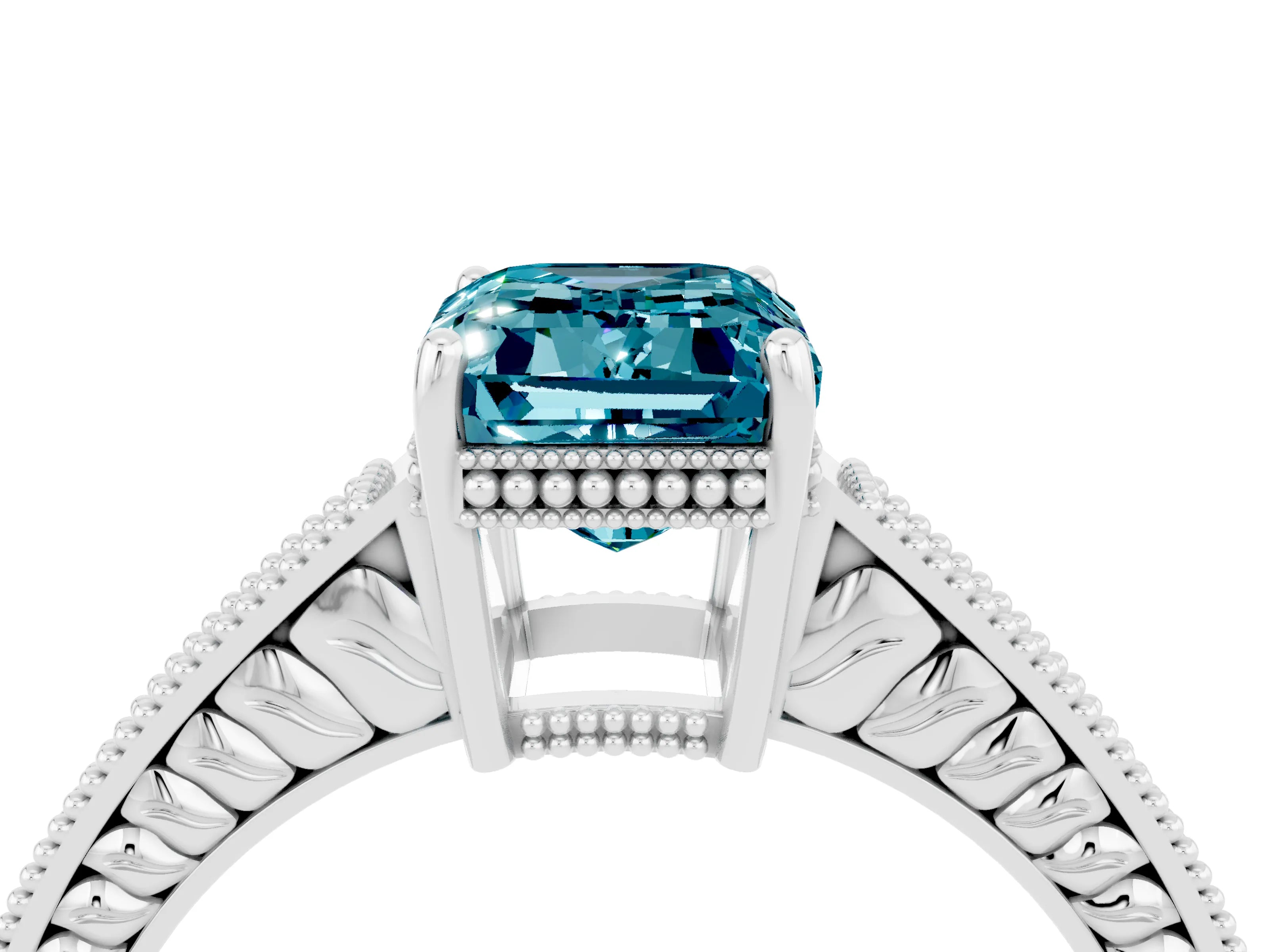 White gold Emerald Cut Blue Topaz Ring with Milgrain Pavé Band and Four-Prong Setting_16