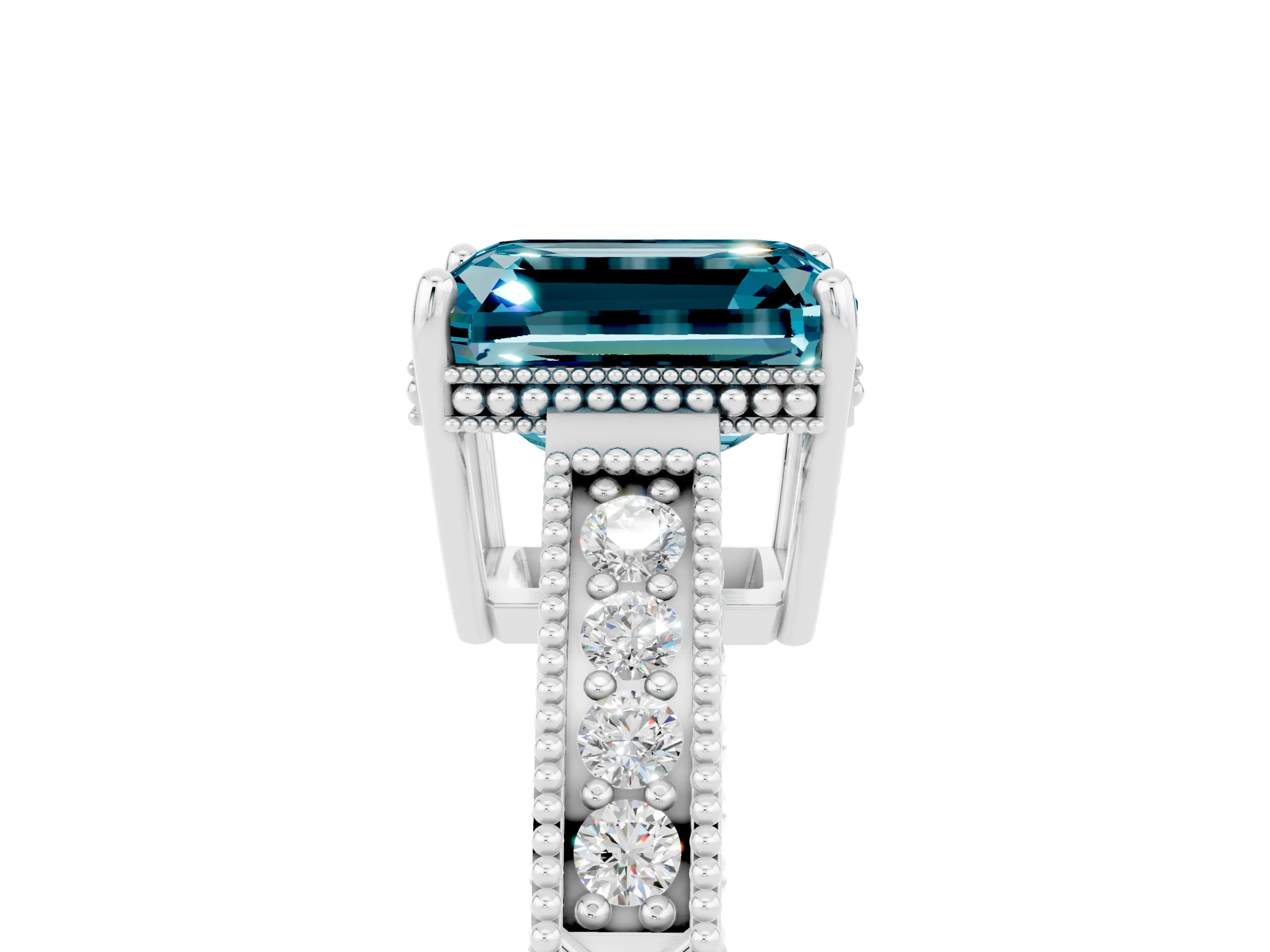 White gold Emerald Cut Blue Topaz Ring with Milgrain Pavé Band and Four-Prong Setting_17