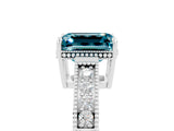 White gold Emerald Cut Blue Topaz Ring with Milgrain Pavé Band and Four-Prong Setting_17