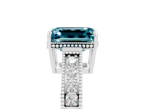 White gold Emerald Cut Blue Topaz Ring with Milgrain Pavé Band and Four-Prong Setting_17