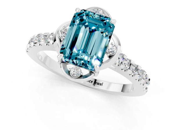 Platinum Emerald Cut Blue Topaz Ring with Pavé Band and Floral Prong Setting