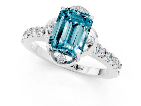 White gold Emerald Cut Blue Topaz Ring with Pavé Band and Floral Prong Setting_1
