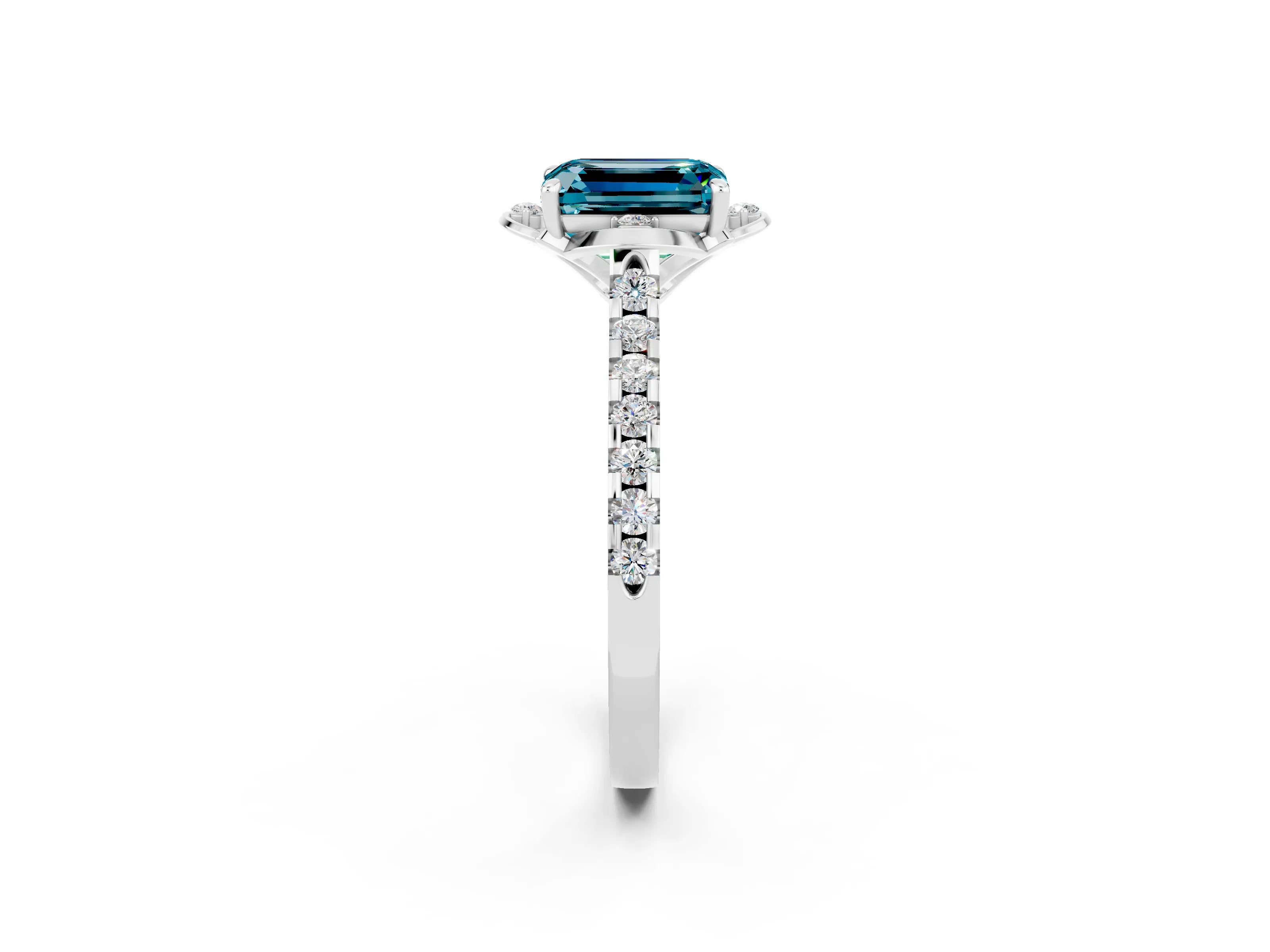 White gold Emerald Cut Blue Topaz Ring with Pavé Band and Floral Prong Setting_2
