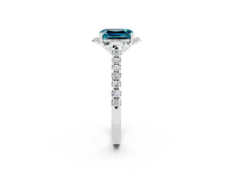 White gold Emerald Cut Blue Topaz Ring with Pavé Band and Floral Prong Setting_2