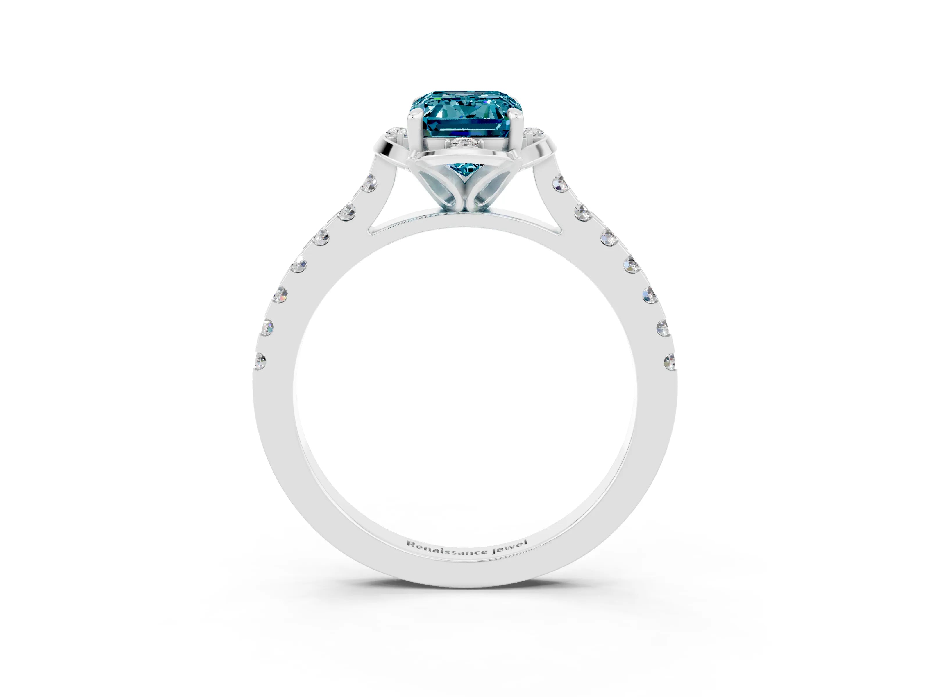 White gold Emerald Cut Blue Topaz Ring with Pavé Band and Floral Prong Setting_3