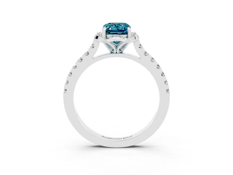 White gold Emerald Cut Blue Topaz Ring with Pavé Band and Floral Prong Setting_3