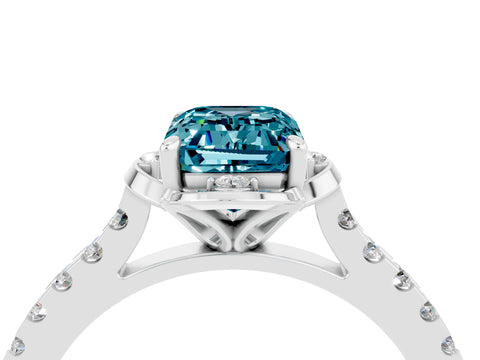 White gold Emerald Cut Blue Topaz Ring with Pavé Band and Floral Prong Setting_4