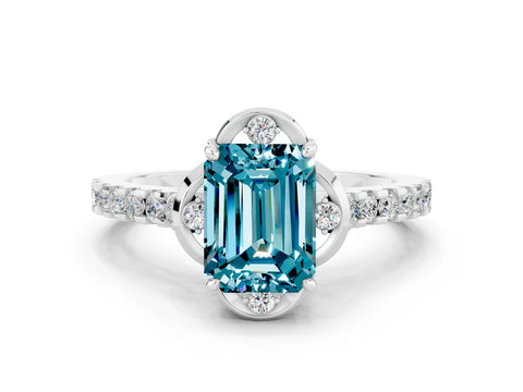 White gold Emerald Cut Blue Topaz Ring with Pavé Band and Floral Prong Setting