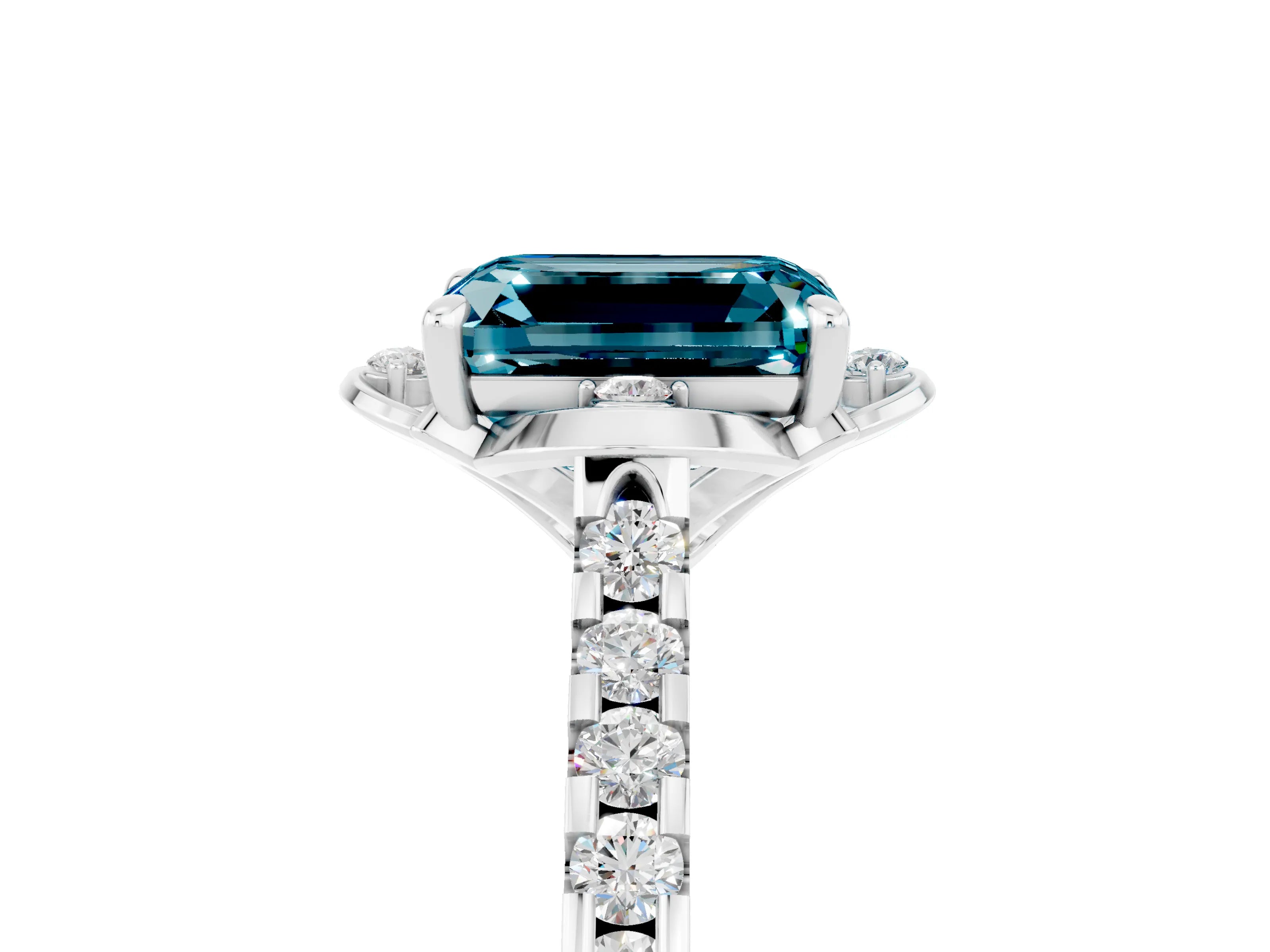 White gold Emerald Cut Blue Topaz Ring with Pavé Band and Floral Prong Setting_5