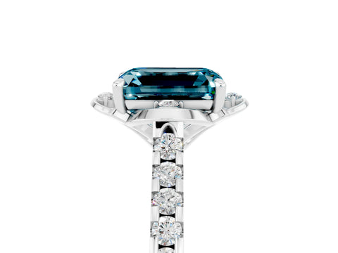 White gold Emerald Cut Blue Topaz Ring with Pavé Band and Floral Prong Setting_5