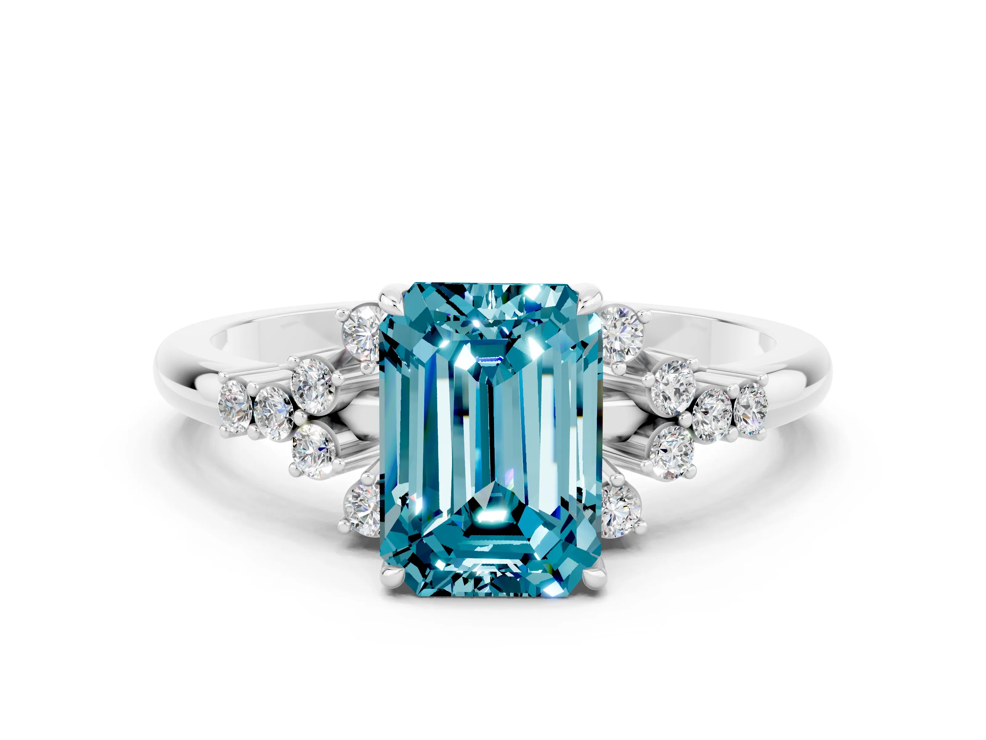 White gold Emerald Cut Blue Topaz Ring with Side Stones and Four-Prong Setting_36