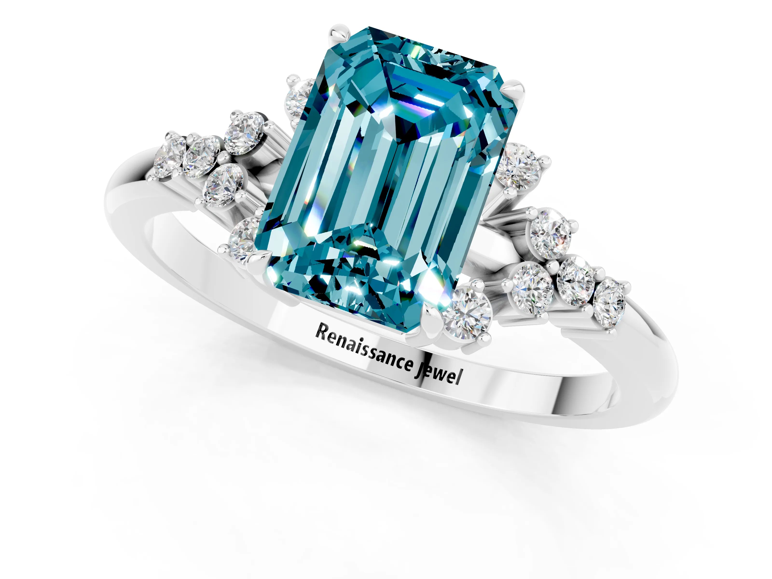White gold Emerald Cut Blue Topaz Ring with Side Stones and Four-Prong Setting_37