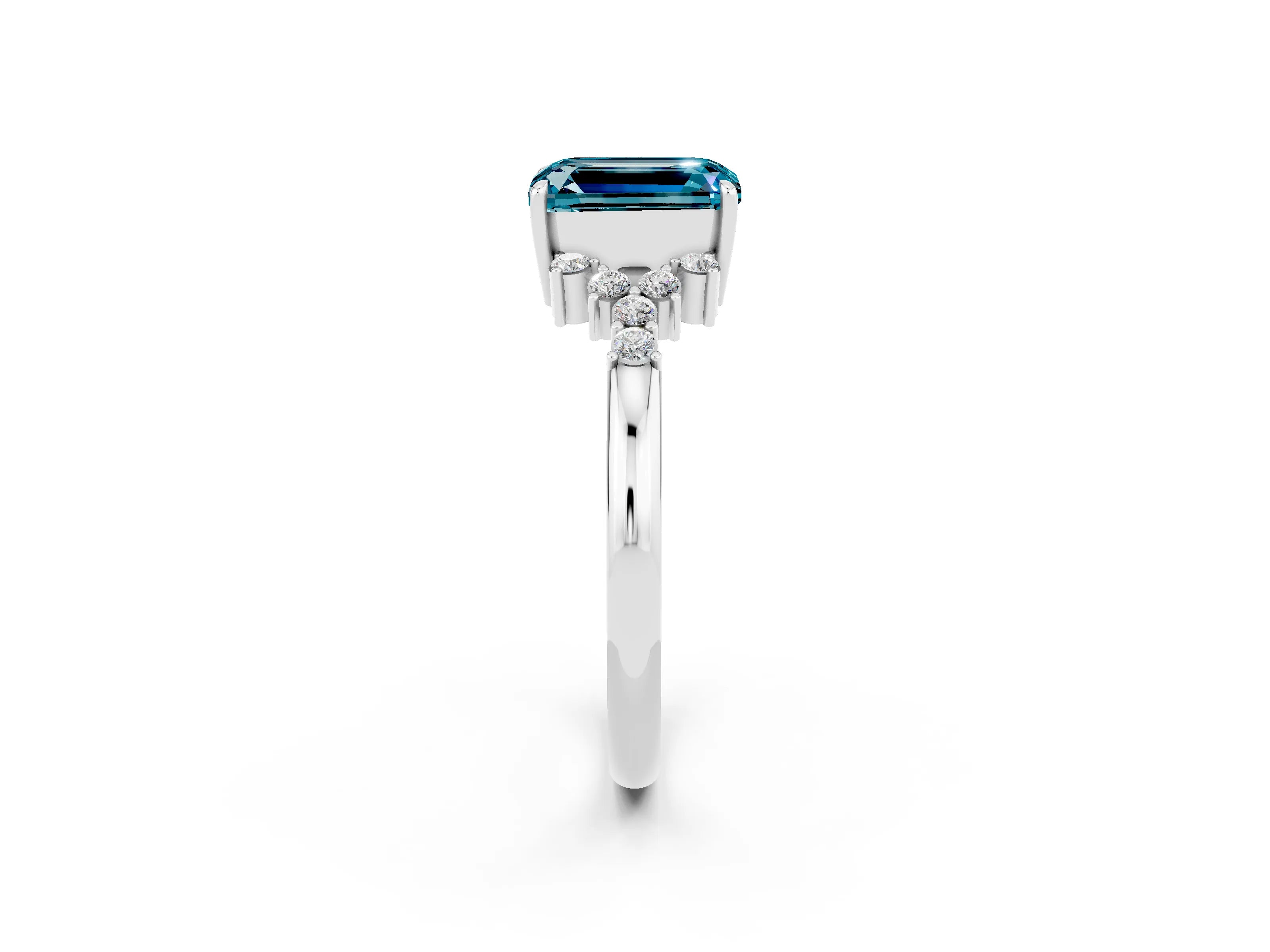 White gold Emerald Cut Blue Topaz Ring with Side Stones and Four-Prong Setting_38