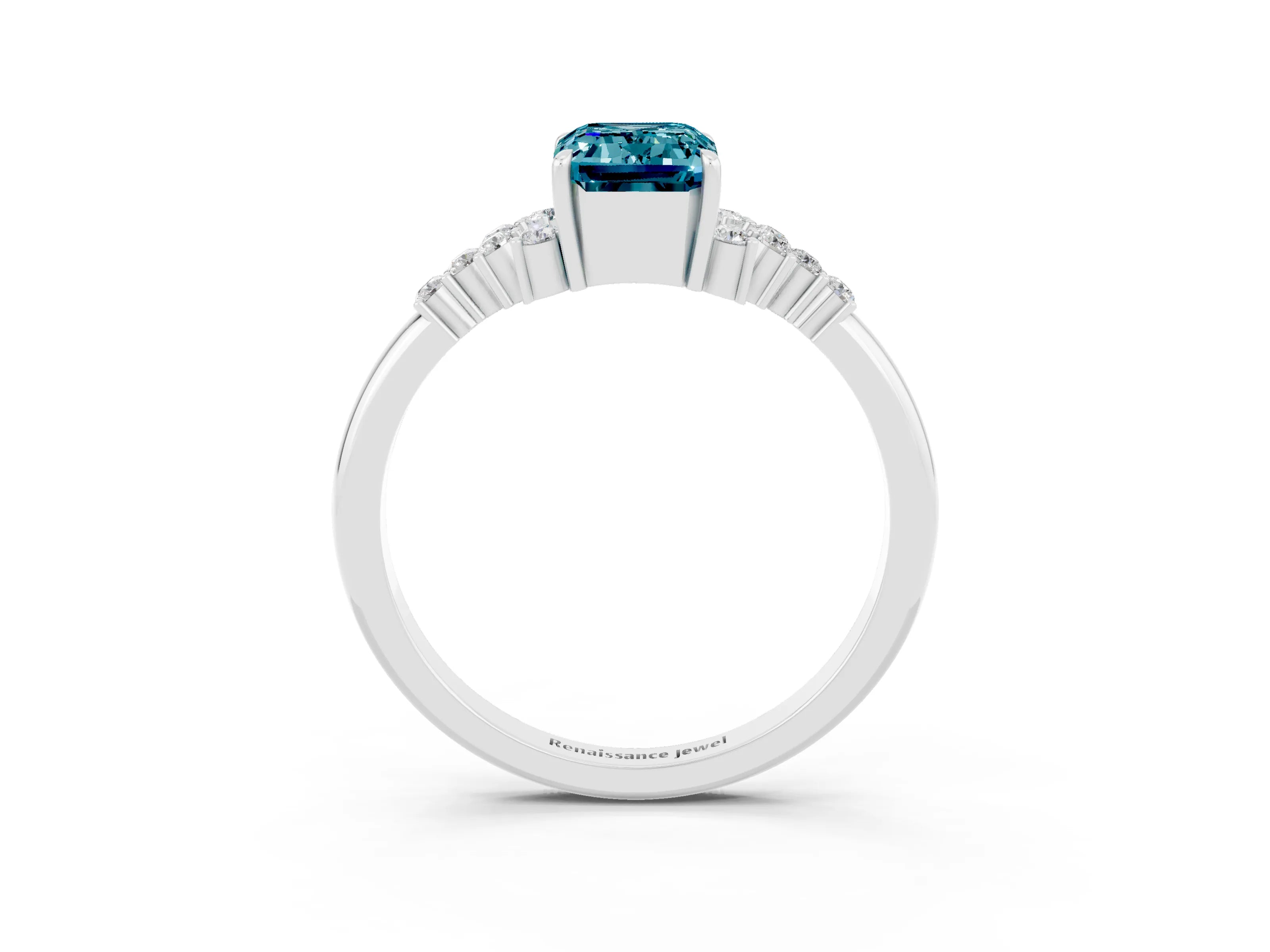White gold Emerald Cut Blue Topaz Ring with Side Stones and Four-Prong Setting_39