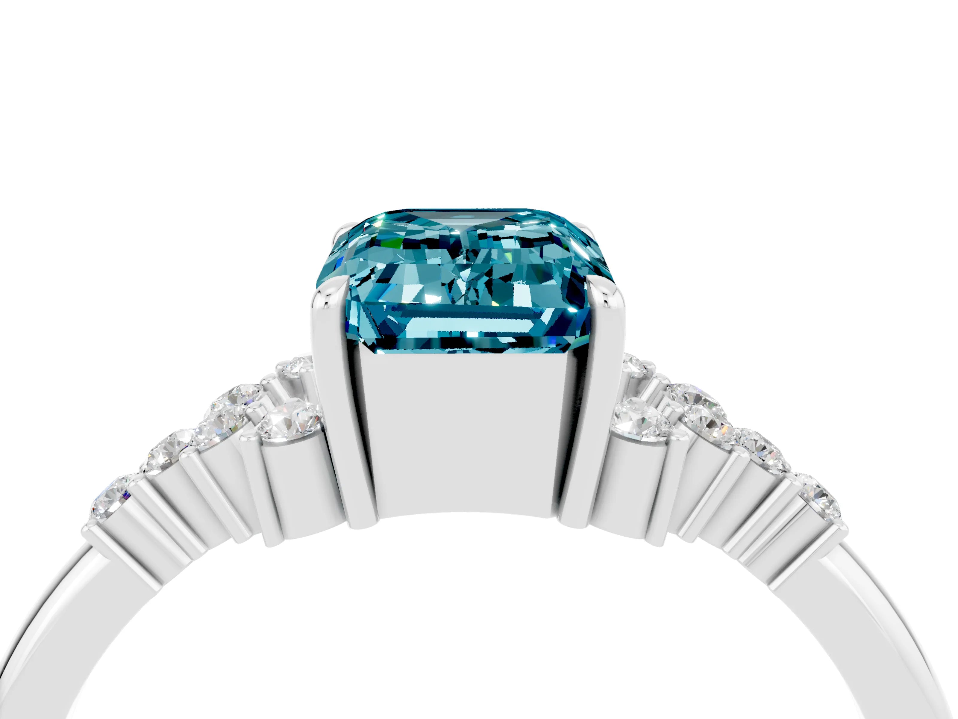 White gold Emerald Cut Blue Topaz Ring with Side Stones and Four-Prong Setting_40