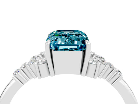 White gold Emerald Cut Blue Topaz Ring with Side Stones and Four-Prong Setting_40
