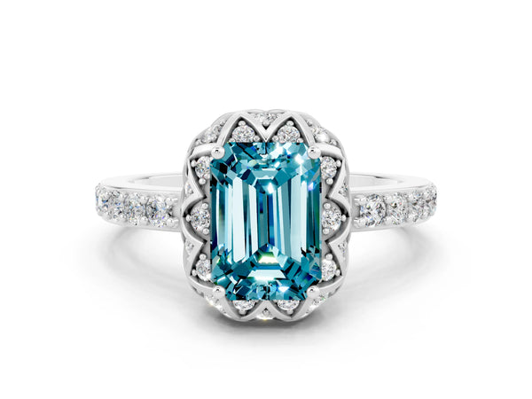 White gold Emerald Cut Blue Topaz Scalloped Halo Engagement Ring with Round Shared Prong Band