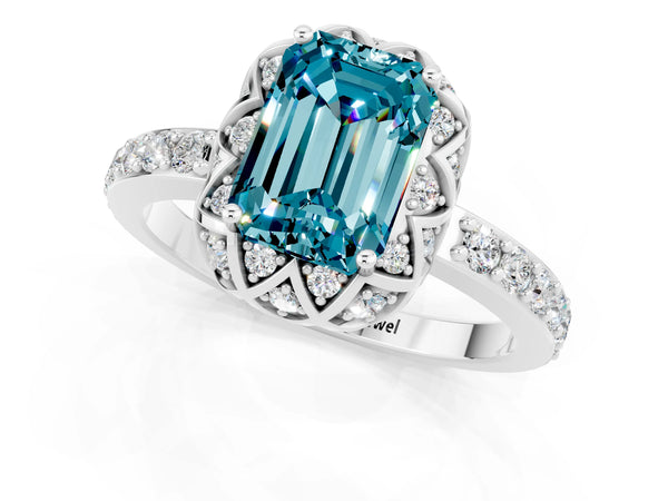 Platinum Emerald Cut Blue Topaz Scalloped Halo Engagement Ring with Round Shared Prong Band
