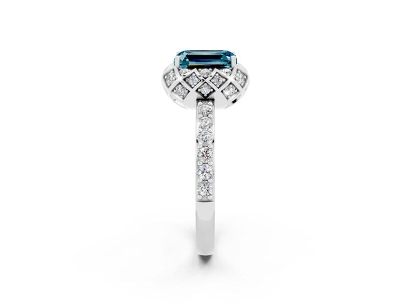 White gold Emerald Cut Blue Topaz Scalloped Halo Engagement Ring with Round Shared Prong Band