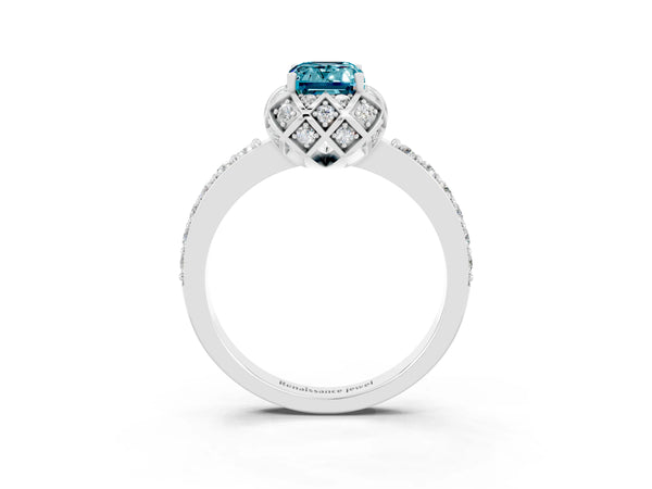 White gold Emerald Cut Blue Topaz Scalloped Halo Engagement Ring with Round Shared Prong Band