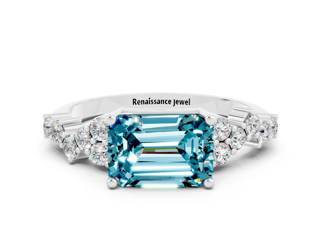 White gold Emerald Cut Blue Topaz Scattered Round Accent Ring with Prong Setting_24