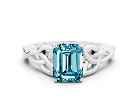 White gold Emerald Cut Blue Topaz Solitaire Celtic Knot Ring with Four-Prong Setting_12