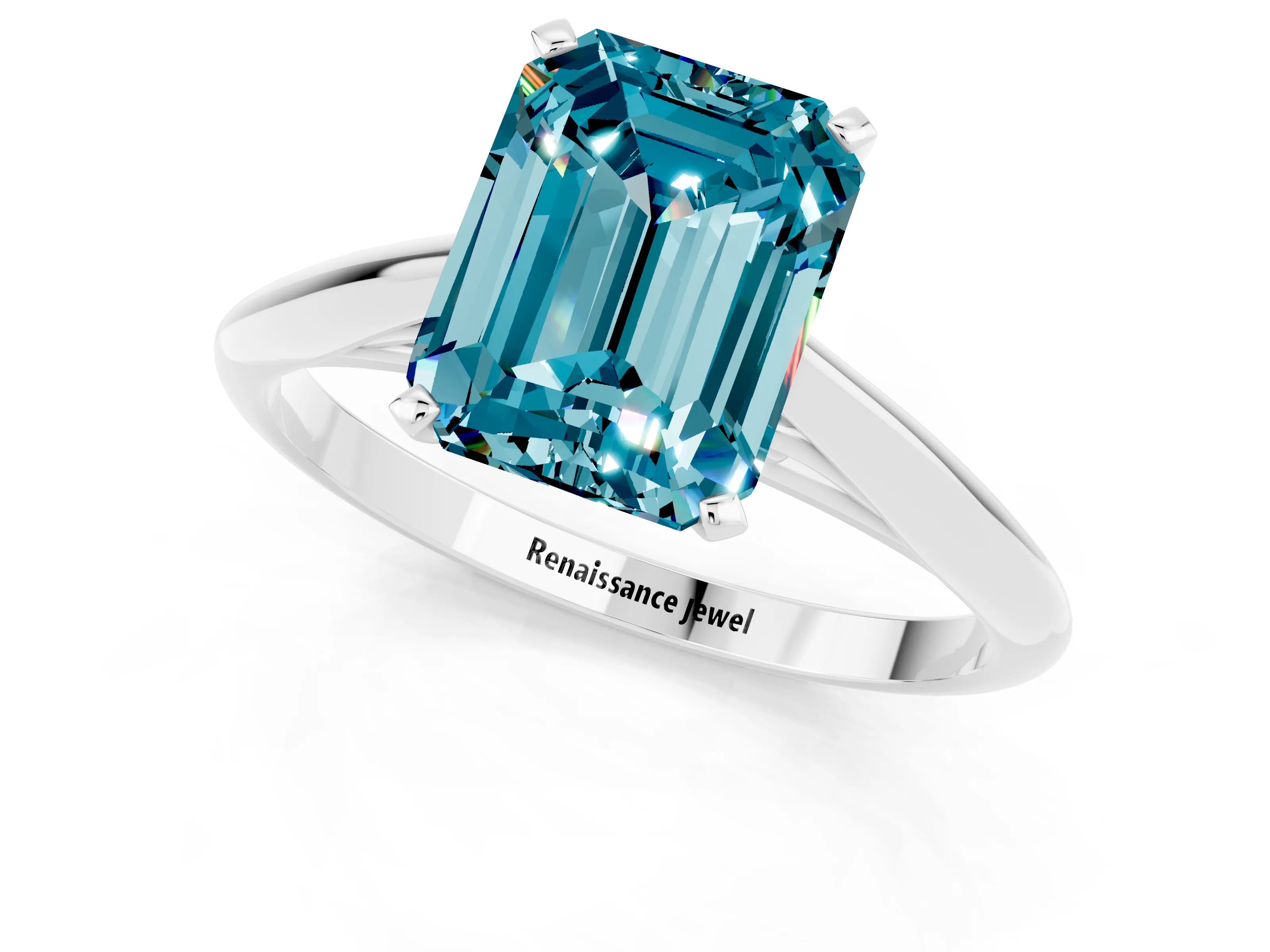 White gold Emerald Cut Blue Topaz Solitaire Engagement Ring with Cathedral Setting and Four-Prong Mount_25
