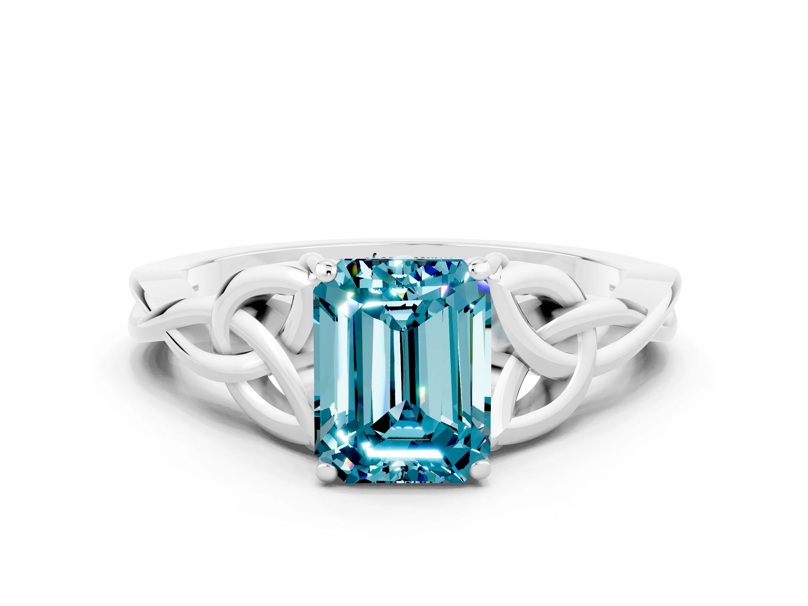 White gold Emerald Cut Blue Topaz Solitaire Engagement Ring with Celtic Knot Band and Four-Prong Setting
