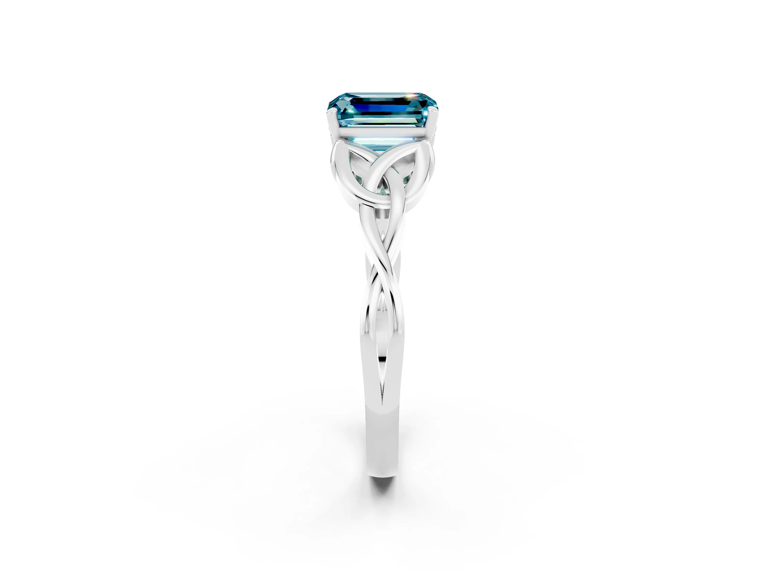 White gold Emerald Cut Blue Topaz Solitaire Engagement Ring with Celtic Knot Band and Four-Prong Setting_2