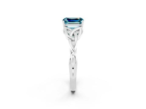 White gold Emerald Cut Blue Topaz Solitaire Engagement Ring with Celtic Knot Band and Four-Prong Setting_2