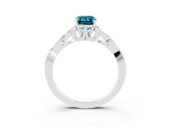 White gold Emerald Cut Blue Topaz Solitaire Engagement Ring with Celtic Knot Band and Four-Prong Setting