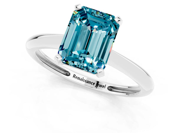 White gold Emerald Cut Blue Topaz Solitaire Engagement Ring with Classic Band and Four-Prong Setting