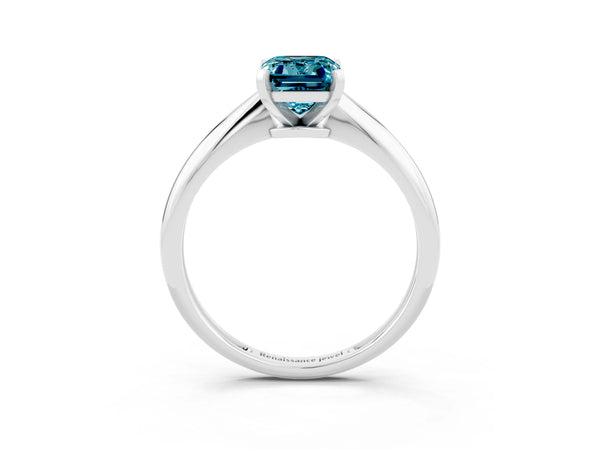 White gold Emerald Cut Blue Topaz Solitaire Engagement Ring with Classic Band and Four-Prong Setting