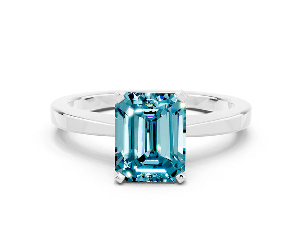 Silver Emerald Cut Blue Topaz Solitaire Engagement Ring with Classic Band and Four-Prong Setting