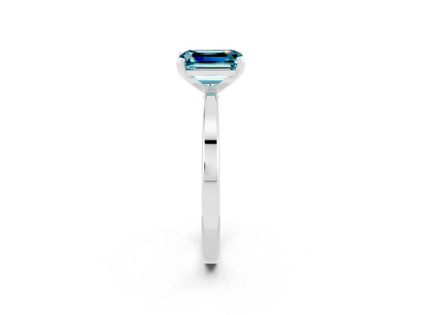 Silver Emerald Cut Blue Topaz Solitaire Engagement Ring with Classic Band and Four-Prong Setting