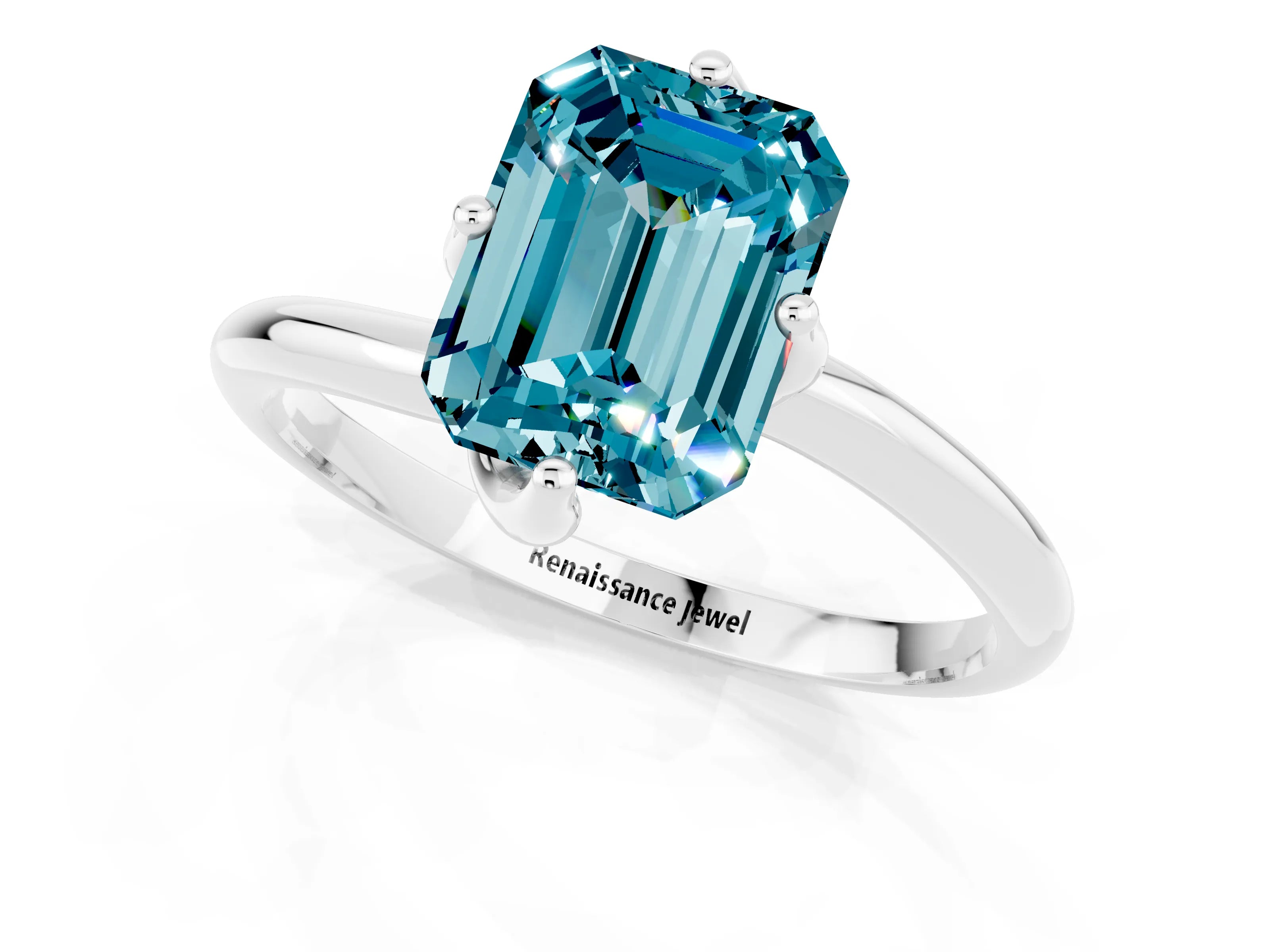 White gold Emerald Cut Blue Topaz Solitaire Engagement Ring with Four-Prong Setting and Classic Band_13