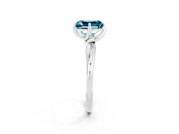 White gold Emerald Cut Blue Topaz Solitaire Engagement Ring with Four-Prong Setting and Classic Band