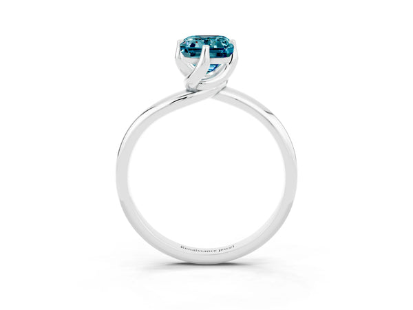 Platinum Emerald Cut Blue Topaz Solitaire Engagement Ring with Four-Prong Setting and Classic Band