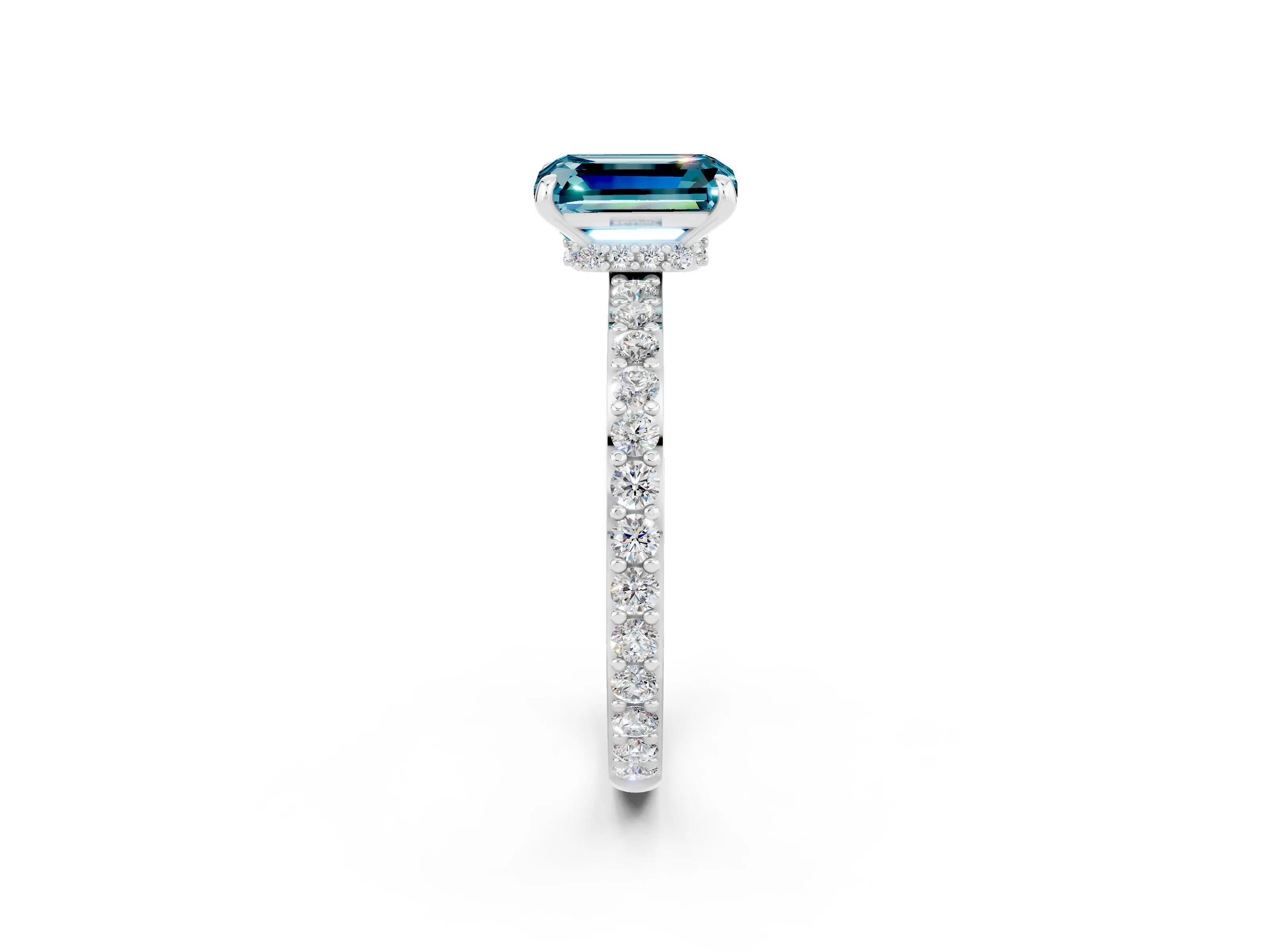 White gold Emerald Cut Blue Topaz Solitaire Engagement Ring with Pavé Band and Four-Prong Setting_2