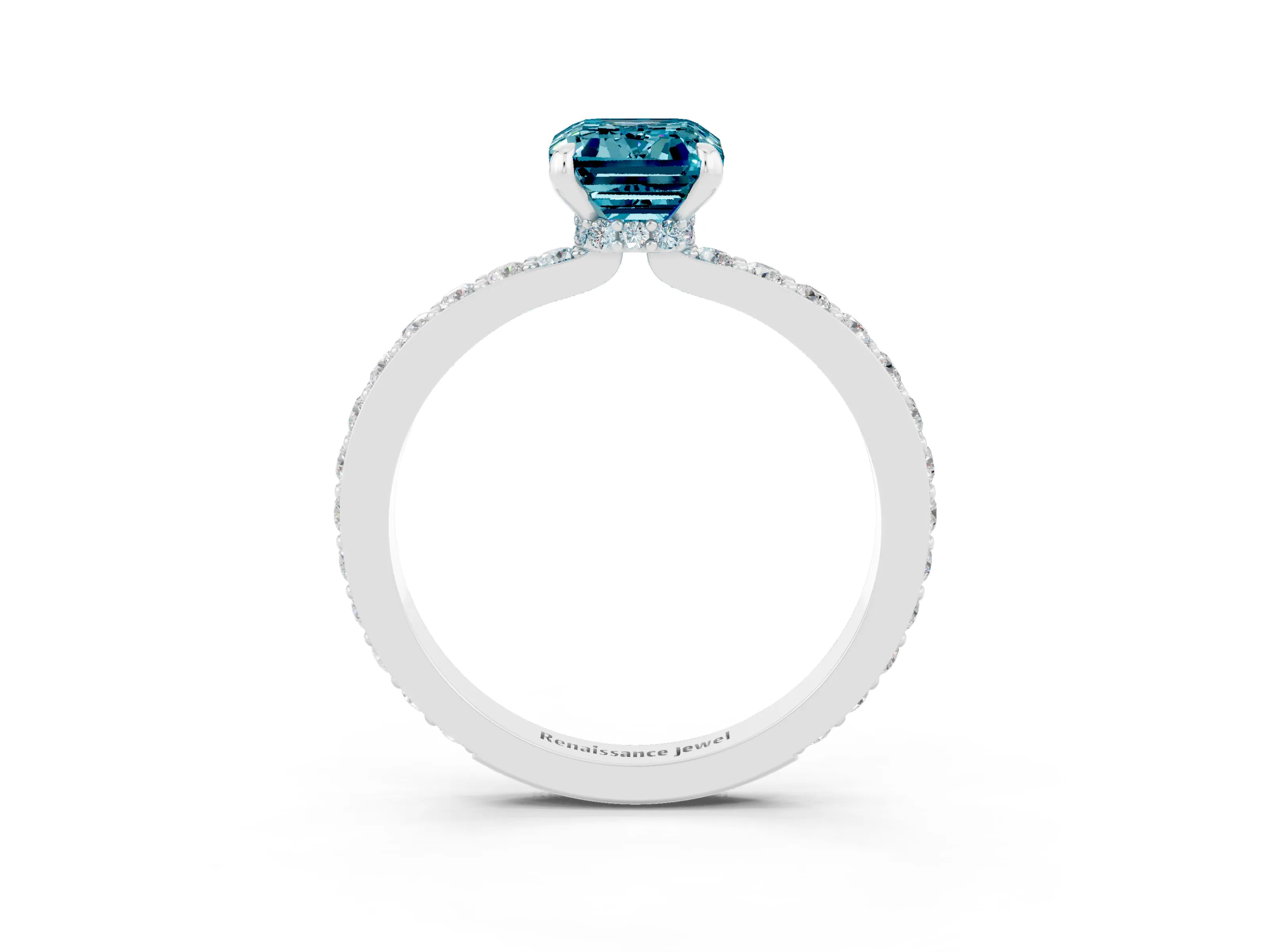 White gold Emerald Cut Blue Topaz Solitaire Engagement Ring with Pavé Band and Four-Prong Setting_3