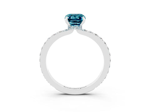 White gold Emerald Cut Blue Topaz Solitaire Engagement Ring with Pavé Band and Four-Prong Setting_3
