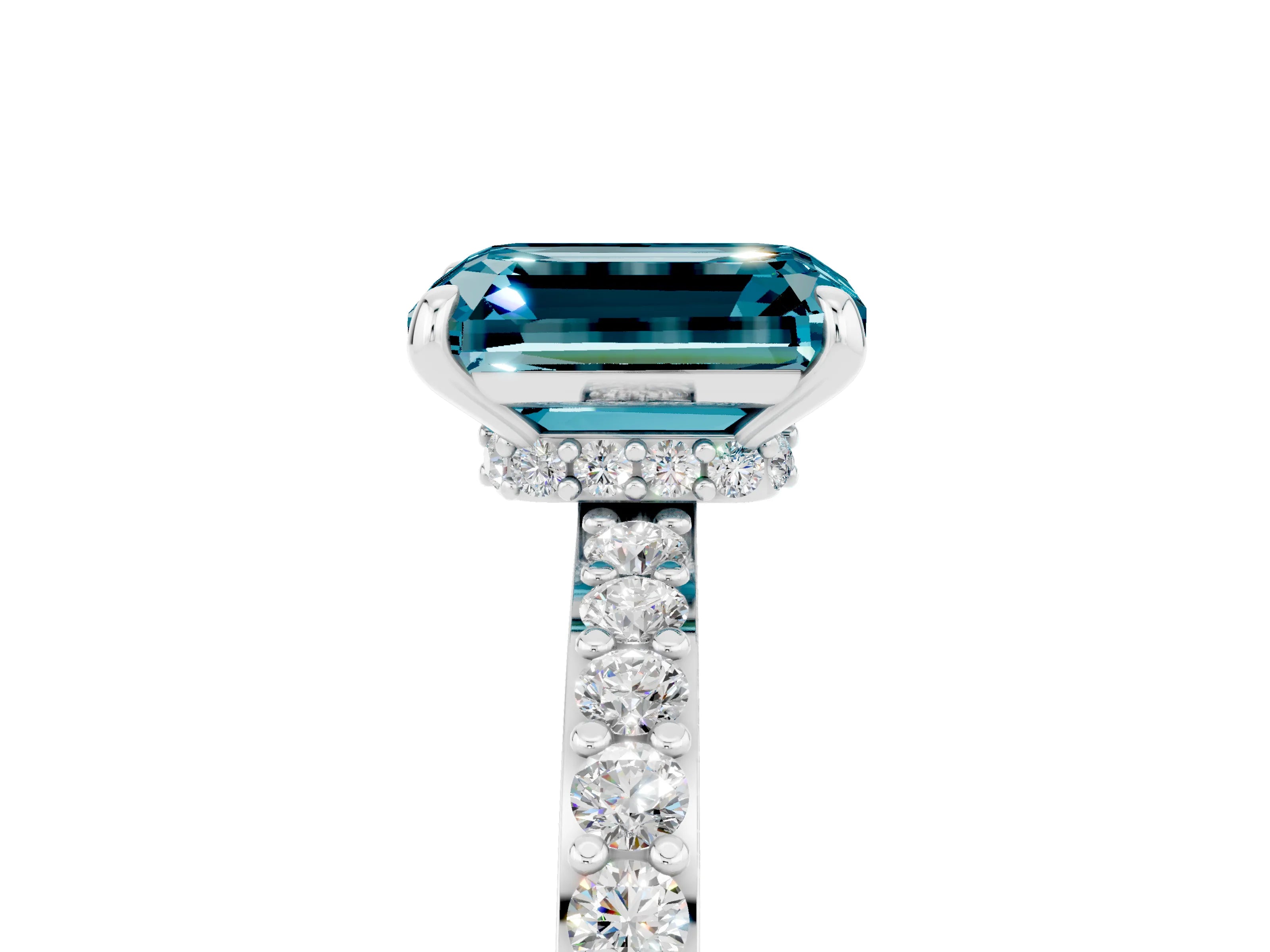 White gold Emerald Cut Blue Topaz Solitaire Engagement Ring with Pavé Band and Four-Prong Setting_5