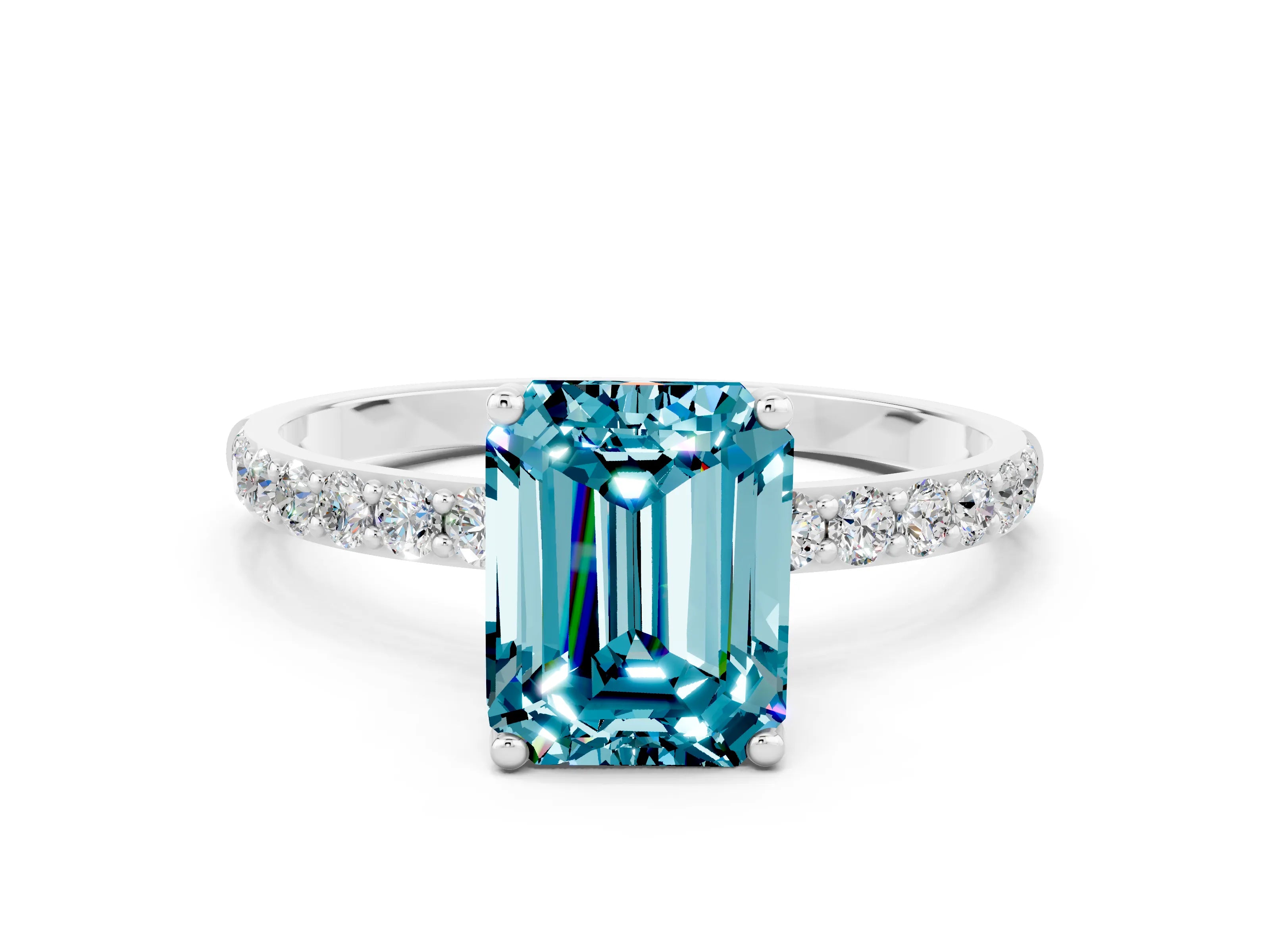 White gold Emerald Cut Blue Topaz Solitaire Engagement Ring with Pavé Band and Prong Setting