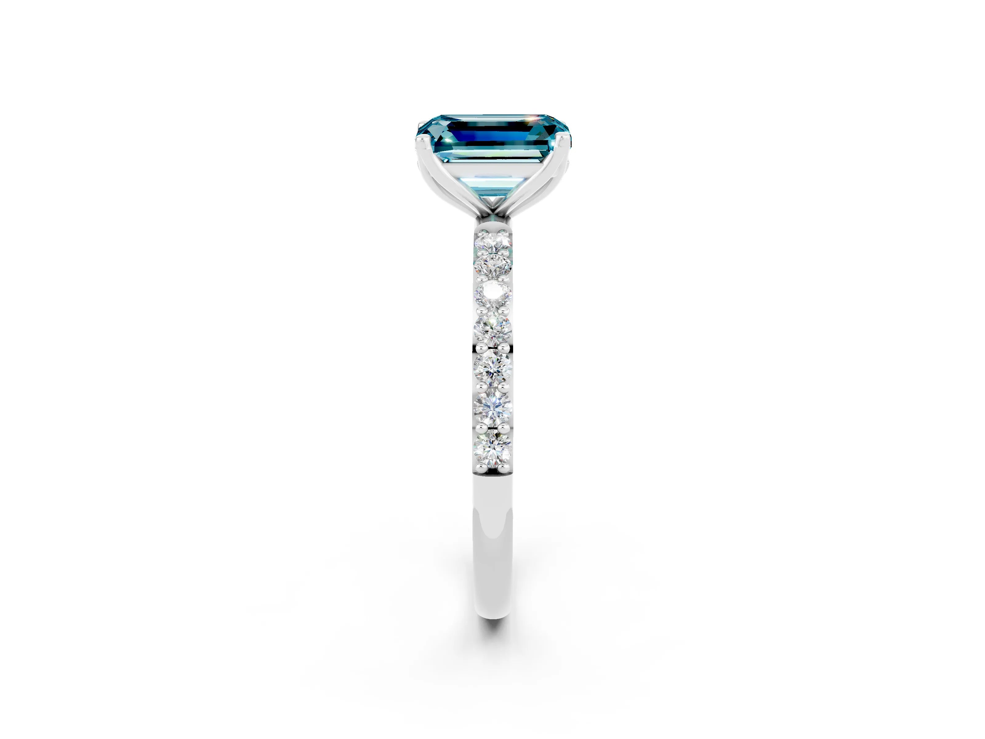 White gold Emerald Cut Blue Topaz Solitaire Engagement Ring with Pavé Band and Prong Setting_2
